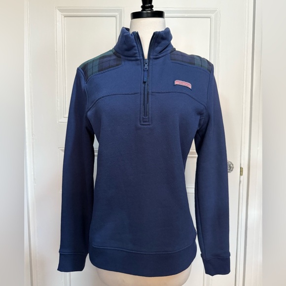 Vineyard Vines Women’s Navy/Green Tartan Plaid Blue 1/4 Zip Shep Shirt Small - Picture 1 of 6